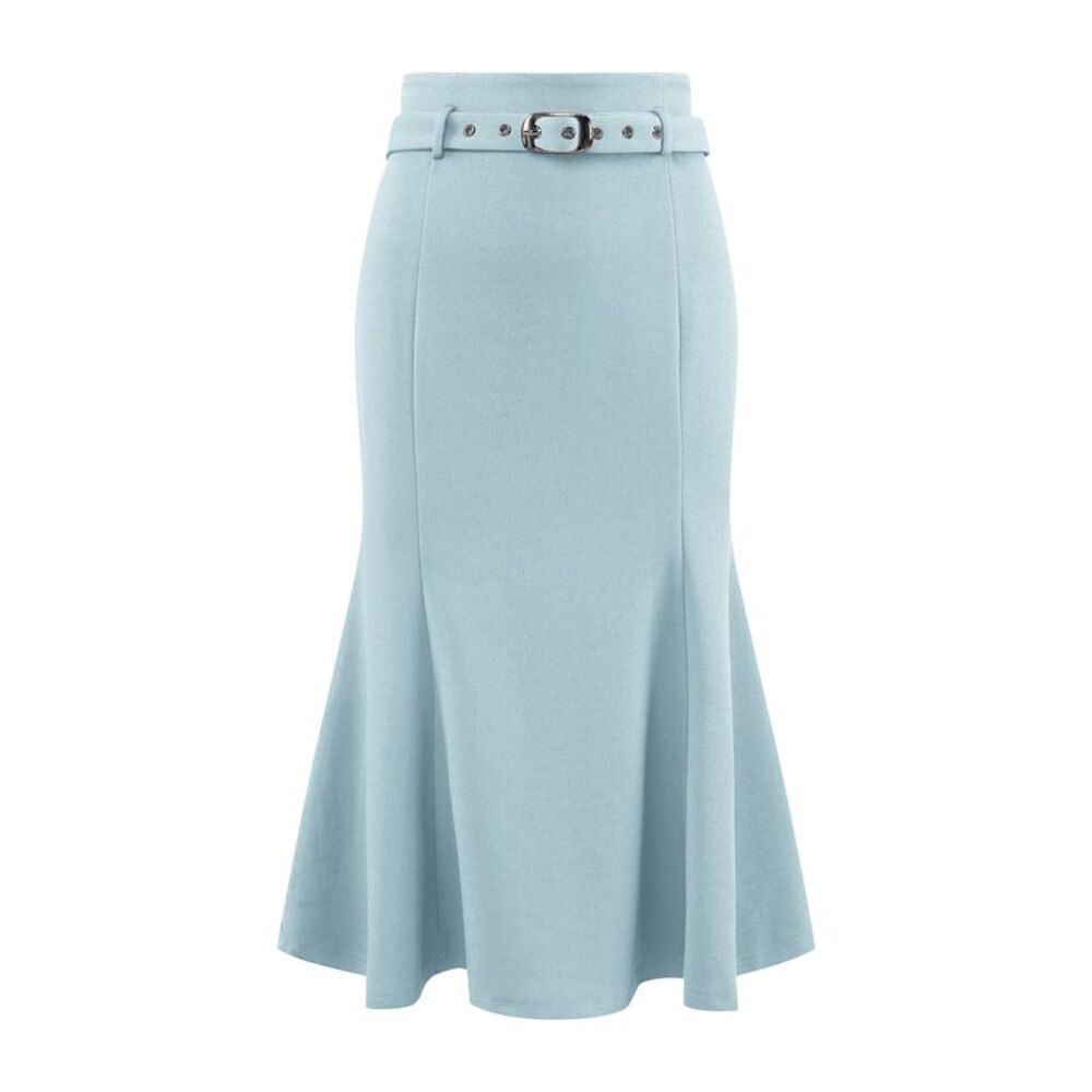 Elegant Fishtail High Waist Belted Work Midi Mermaid Skirts Light Blue